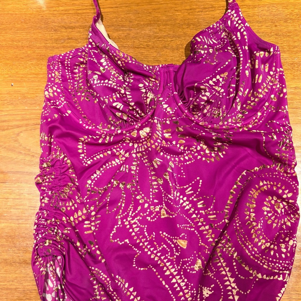 Fantasie Magenta Halter Tankini Top with Gold Print (34H bra sizing)